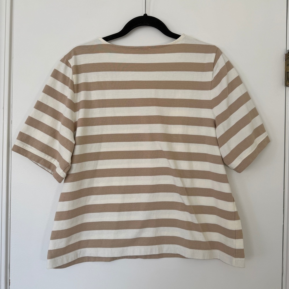 J.Crew‎ Womens XL Striped Short Sleeve Boatneck Top Gold Button Shoulder Beige - Picture 7 of 9